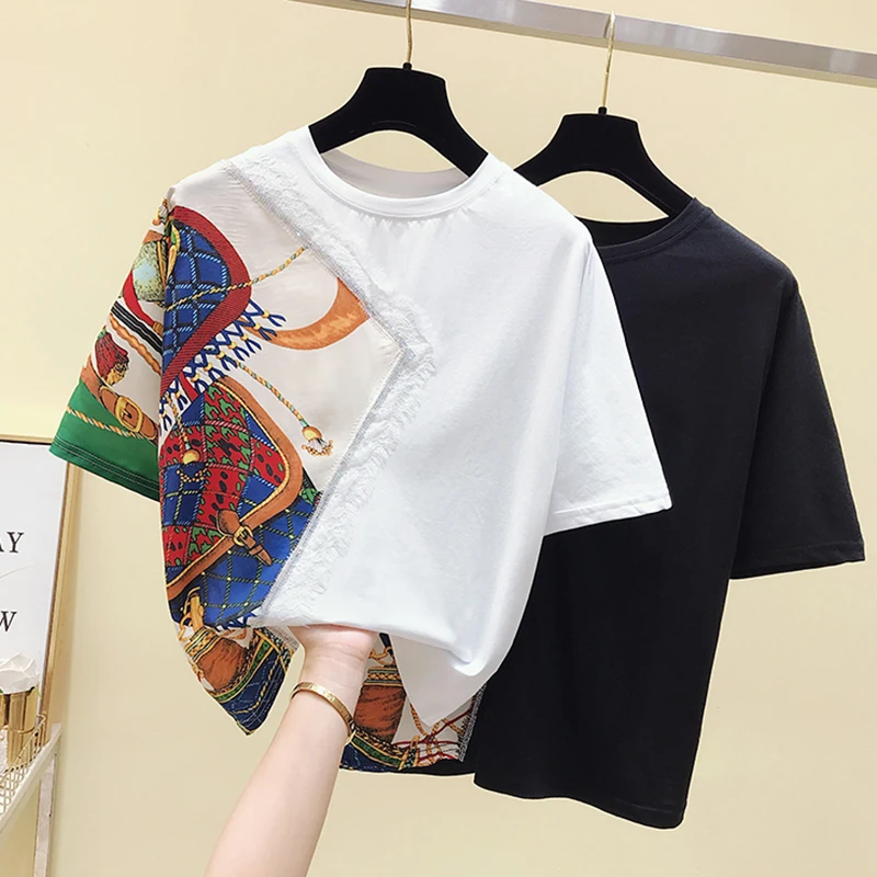 White And Black Woman Tshirts Women Summer 2022 T Shirt Vintage Embroidery Cotton Pactwork Chiffon Tee Shirt Femme Korean Tshirt