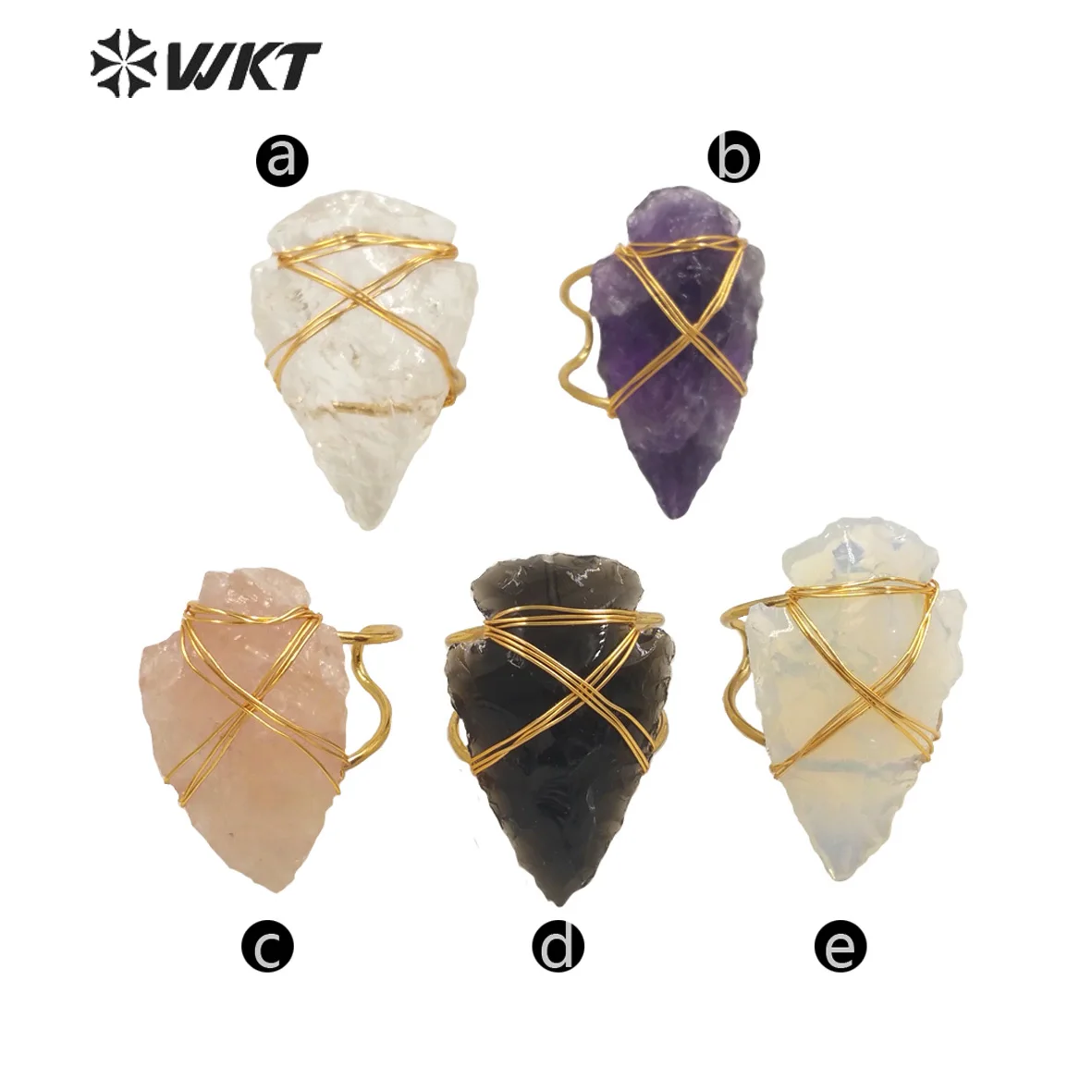 WT-R390 WKT Unique Design Natural Gemstones Arrow Shape Ring Gold Wire Wrap Amethysts Pink Quartz Ring Women Jewelry Gift