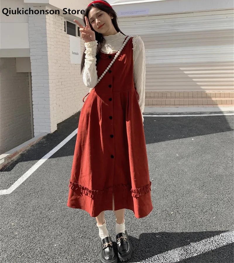 Spring Autumn Midi Long Suspender Skirt Soft Girl Aesthetic Japanese Style Kawaii High Waist Ties Frilly Corduroy Pleated Skirts