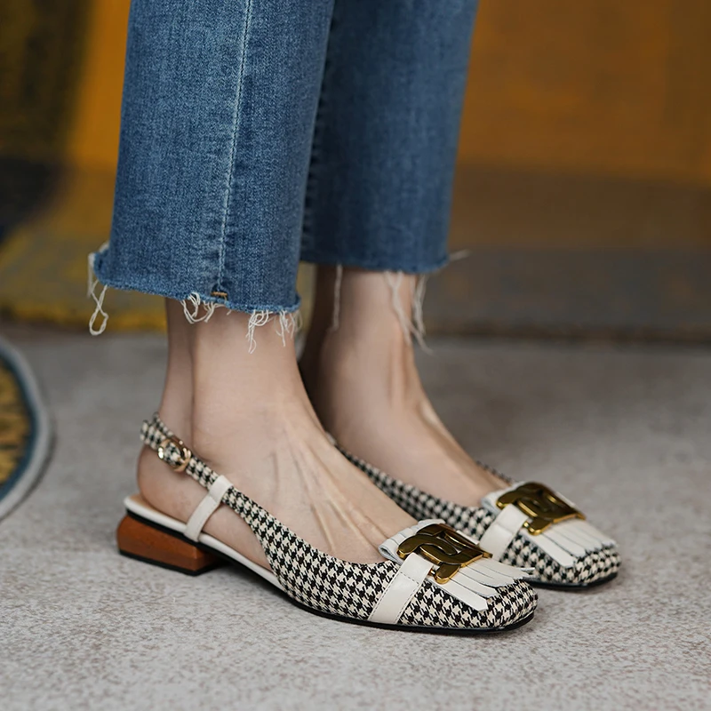 2021 New Retro Style Female Summer Fashion Low-heeled Square Head Leather Hollow Fine Heel Baotou Metal Decoration Woman Sandals