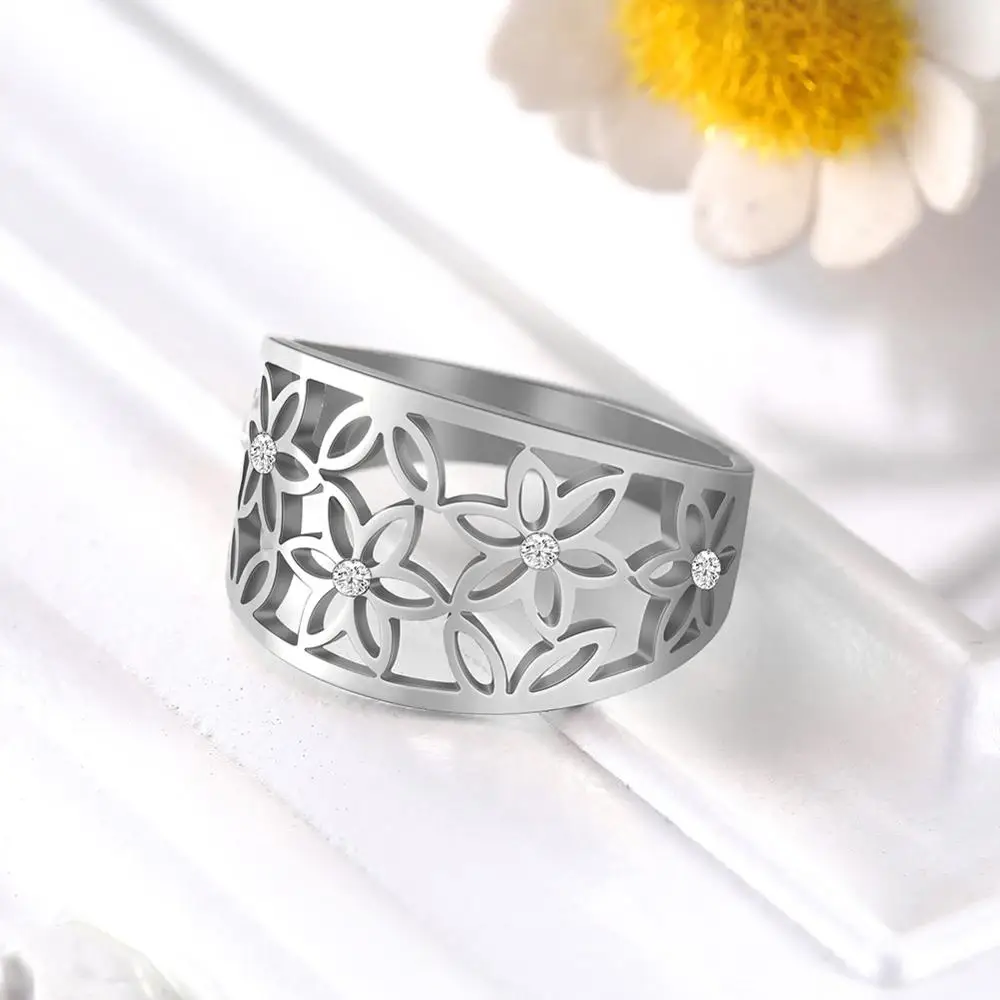 My shape Filigree Flower of Life Women Ring Zircon Stainless Steel Rings Rose Gold Color Cute Finger Ring Mother Gift Jewellery