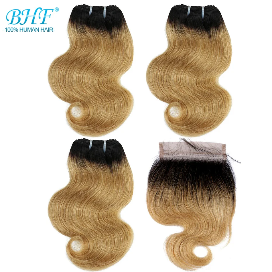 Human Hair Body Wave 3 Bundles With Closure Brazilian Remy Blonde Short Bob Wig Style 50g per bundle 100% Natural Human Hair