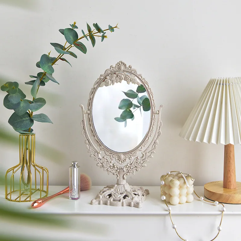 Ins Table Room Standing Glass Mirror Cutelife Nordic Silver Plastic Vintage Decorative  Small Round Make-up Bedroom 