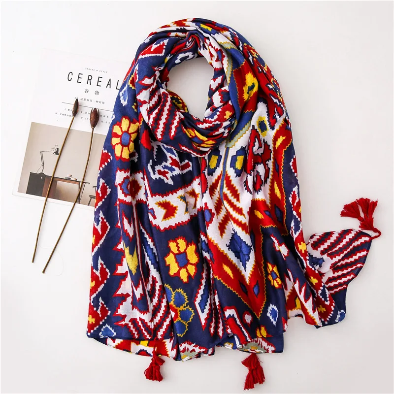 

Sunscreen Shawl Female New Air Conditioning Holiday Seaside Beach Towel Geometric Cotton and Linen Scarf