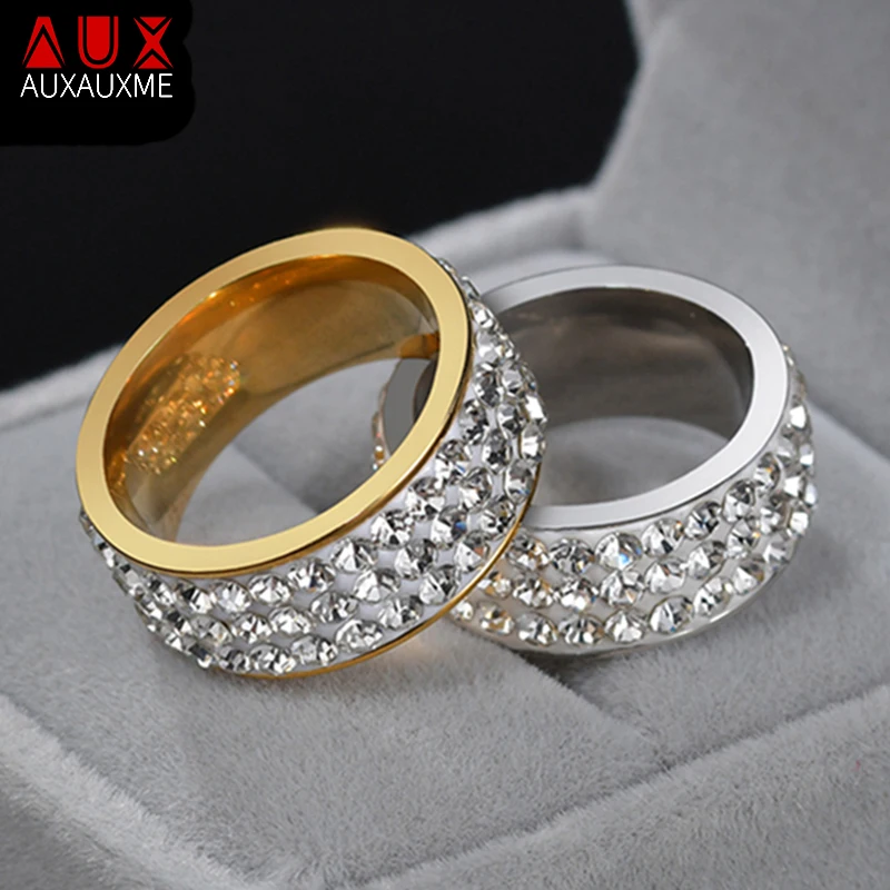 Auxauxme 8mm 3 Rows White Stone Wedding Ring For Women Stainless Steel Pave Setting Stones Rings Engagement Girl Jewelry