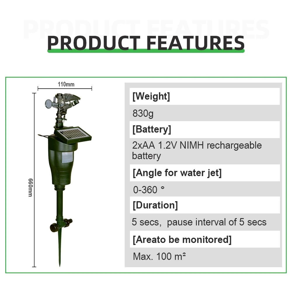Solar Motion Eco-friendly Jet Spray Animal Repeller with Solar Panel Garden Pest Bird Control Repellent #31007