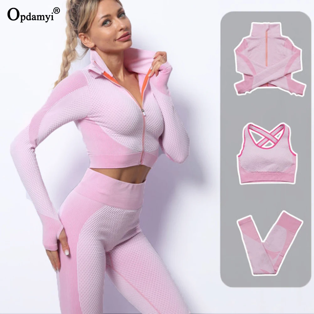 

2/3PCS Seamless Yoga Set Workout Gym Clothing Fitness Women Outfit Leggings Tracksuit Running Top Zip Coat Sportswear Bras Suit