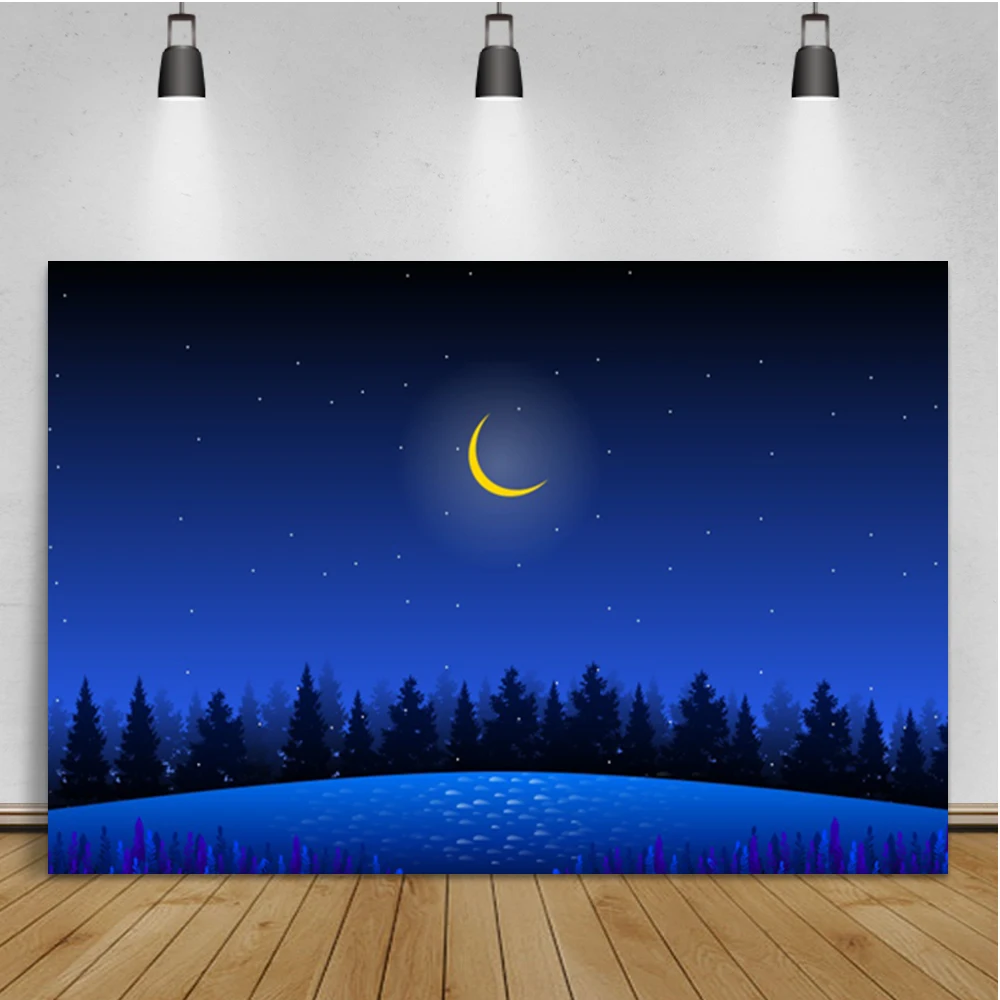 Laeacco Dark Blue Night Scenery Photography Background Moon Lake Glitter Stars Room Decor Portrait Backdrop For Photo Studio