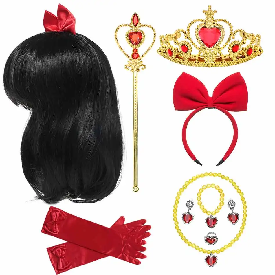 Blancanieves Tiara sintética para niñas pequeñas, accesorios de Cosplay de princesa Blancanieves, corona, diadema para el cabello, guantes, collar