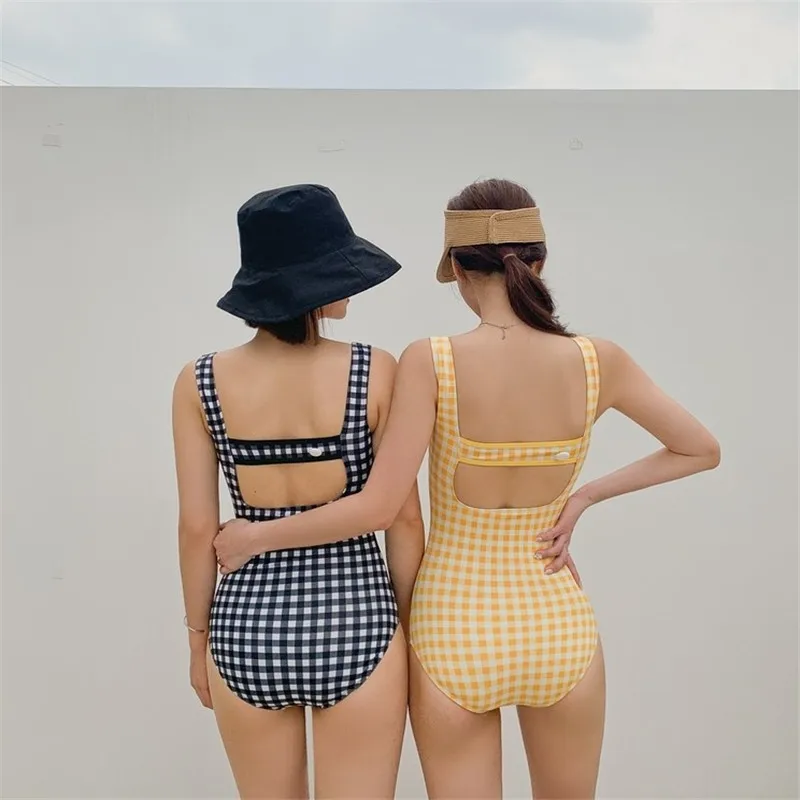 Koreański kobiety Plaid jednoczęściowy strój kąpielowy Sexy Monokini Badpak luksusowe ramię Retro strój kąpielowy kontrola brzucha stroje kąpielowe