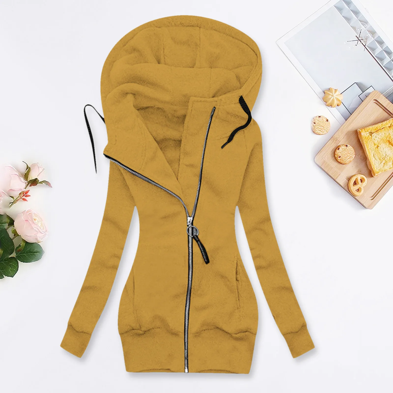 PlusSize Women Jacket Fashion Solid Color Hooded Coat Zipper Pocket Long Sleeve Sport Autumn Winter Long Hoodies Sweatshirts