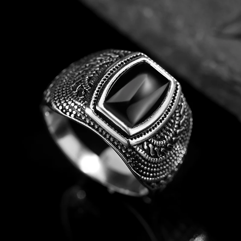 Wholesale Retro Jewelry Stone Rings For Men Titanium Steel Inlaid  Black Stone Ring Domineering Opal Anel For Man Gift