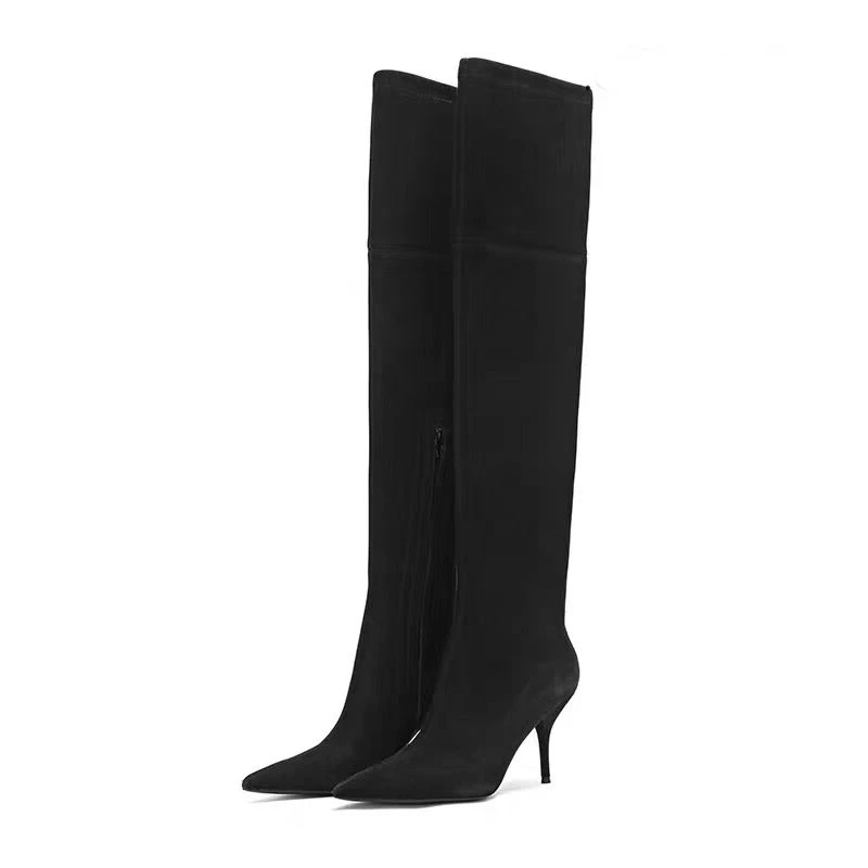 

Suede Kitten Heel Boots Black Flock Over The Knee Stiletto Heel Winter Shoes Women Sexy Pointy Toe Slouch Long Boots