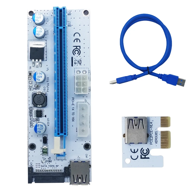 New White PCI-E Riser 008 Express 1X 4x 8x 16x Extender PCI E USB Riser 008S Adapter Card SATA 15pin for BTC Mining Miner