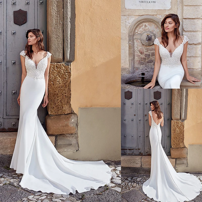 Sirena Abiti da Sposa 2020 Off Spalla Del Merletto Del Raso Abiti da Sposa Sexy Backless Sweep Treno Abito da Sposa Vestaglie De Mariée