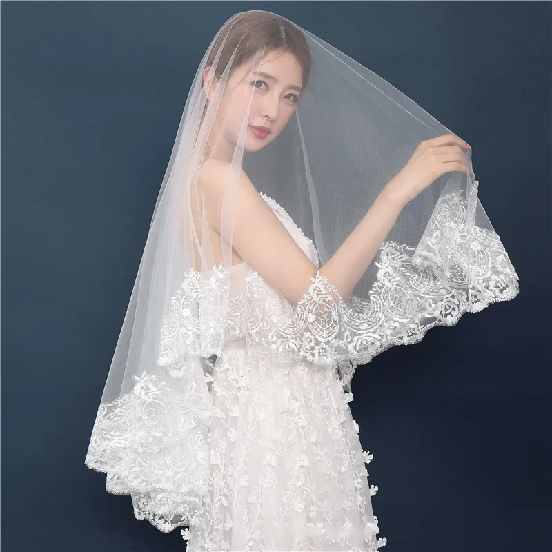 New Arrival One Layers Bridal Veils Lace Edge Ivory Wedding veil Long Sexy bridal headwear Matrimonio Boda wedding accessories