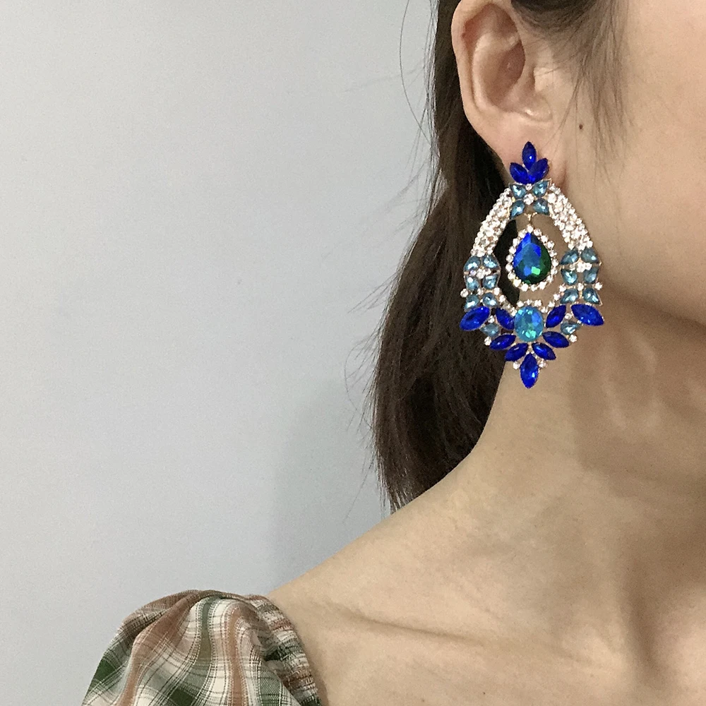 Crystal Big Earrings For Women Flower Pendant Blue Green Statement Earrings Large Rhinestone Earrings Party Jewelry