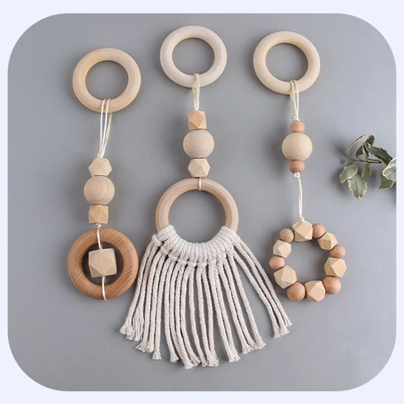 Baby Play Gym Frame Wooden Beech Activity Gym Frame Stroller Hanging Pendants Toys Teether Ring Nursing Rattle Toys Room Decor