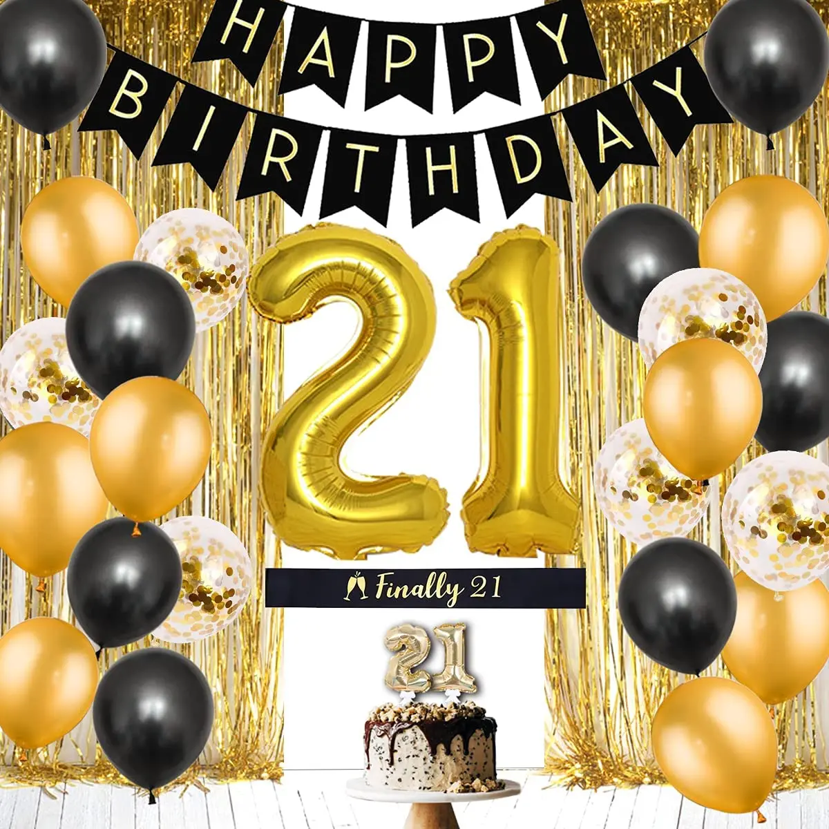 

21st Birthday Party Decorations for Boy Girl Black Gold Balloon Set Number 21 Balloon Happy Birthday Banner Fringe Curtain