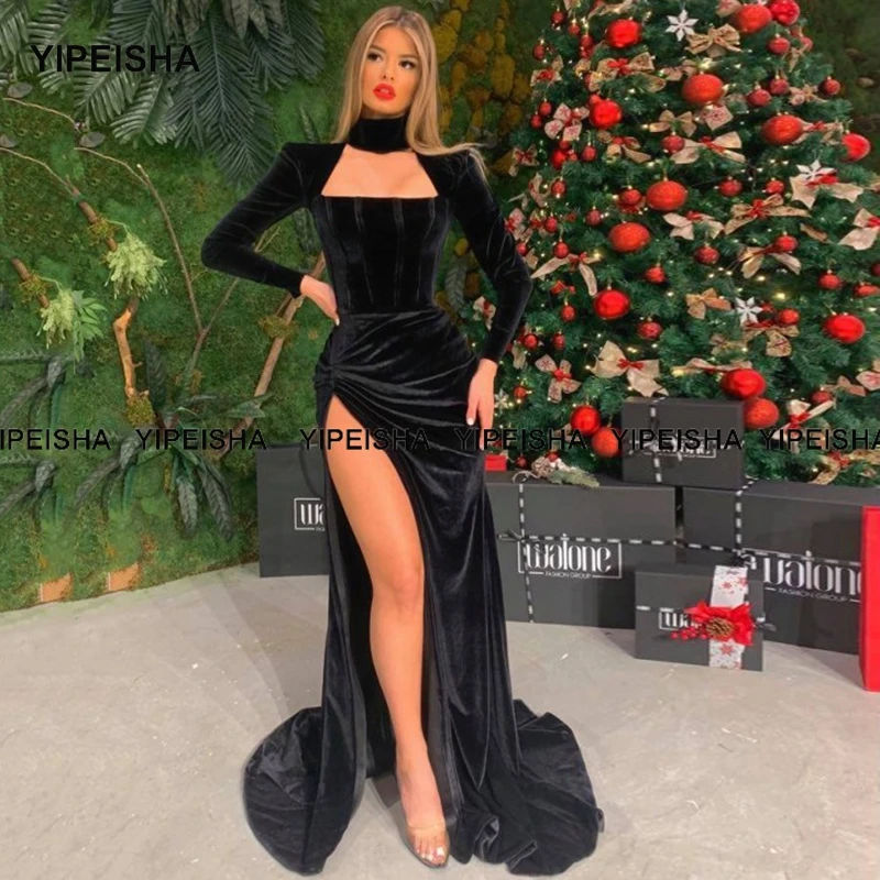 Yipeisha Long Sleeves Black Evening Gown High Collar Long Velour Prom Dresses Side Slit Velvet Party Dress Plus Size