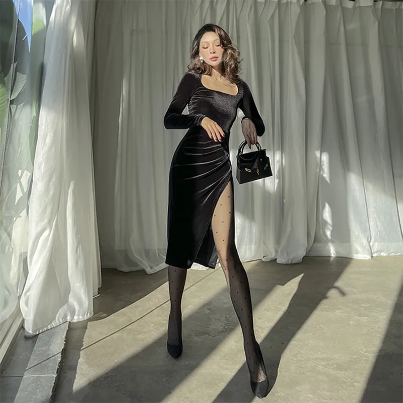 Chic Black Velvet Long Sleeve Thigh High Slit Dress Elegant Sexy Sheath Cocktail Party Bodycon Pencil Midi Dress