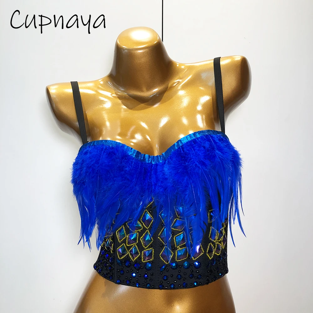 Cupnaya Women Sexy Blue Feathers Rhinstones Diamante Decor Crop Top Sparkle Club Dance Spaghetti Strap Corset Camisoles Black