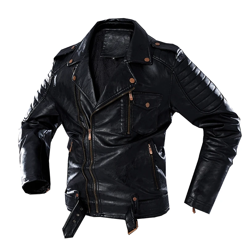 Men\'s Winter Punk Rock Faux Jacket Male Zipper Retro Motorcycle Pilot Leather Jackets Coats Fleece Faux Leather Jacket M-4XL