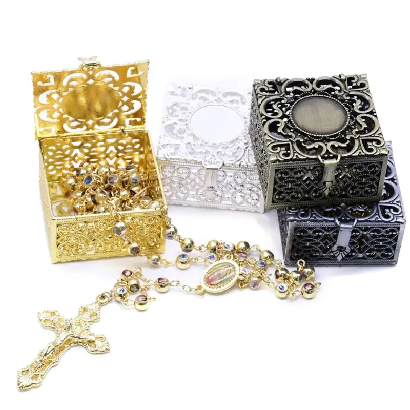 

Rosary Beads Box Necklace Metal Christian Catholic Religious Jewelry Case Storage Organizer