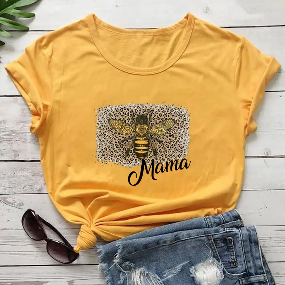 

Bee Mama Leopard Print 100%Cotton Women Tshirt Momlife Funny Summer Casual Short Sleeve Tops Gift for New Mom Mother's Day Gift