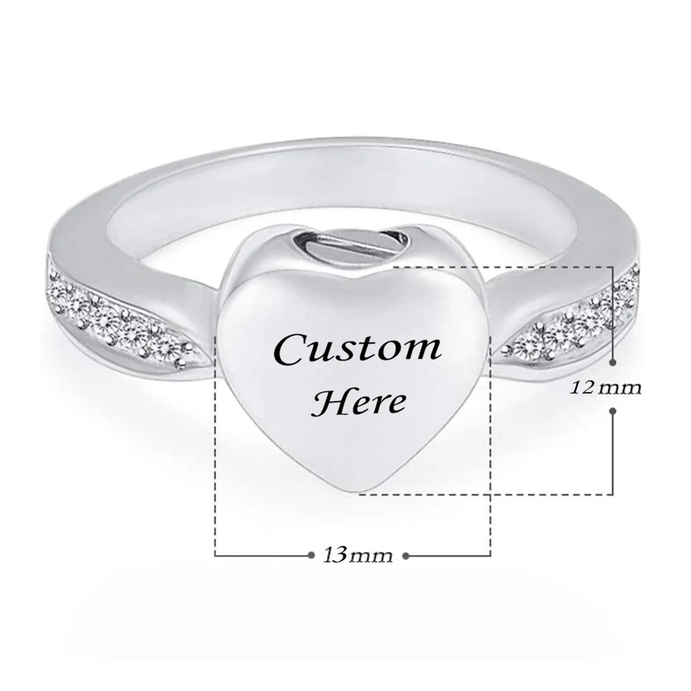 Cremation Crystal Heart Ring for Ashes, Engravable
