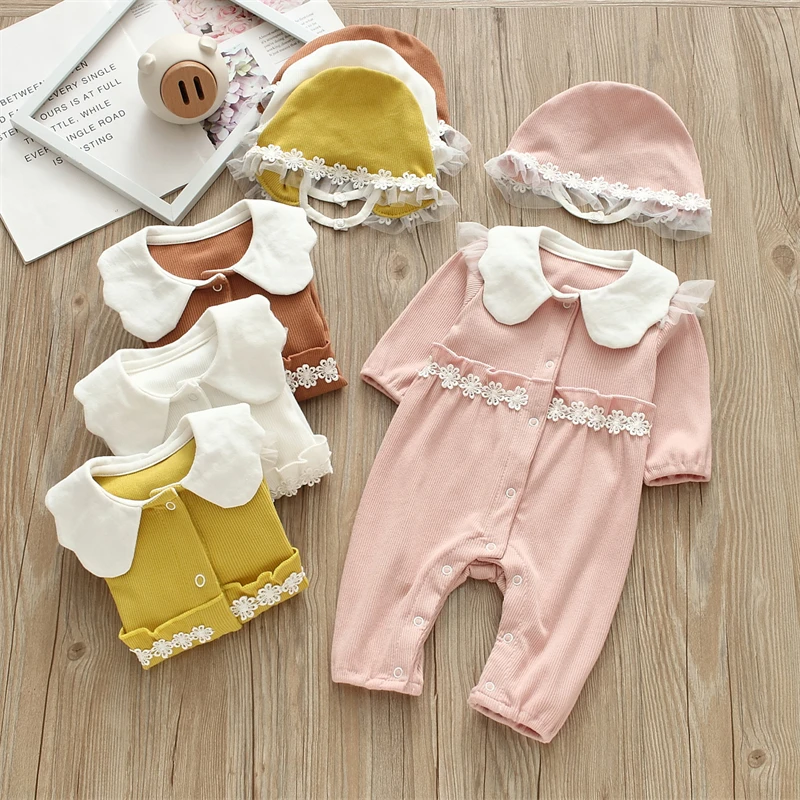 Spring Autumn Newborn Baby Girl One Piece Clothes Flowers Girls Jumpsuit Sets Bodysuit+ Hats