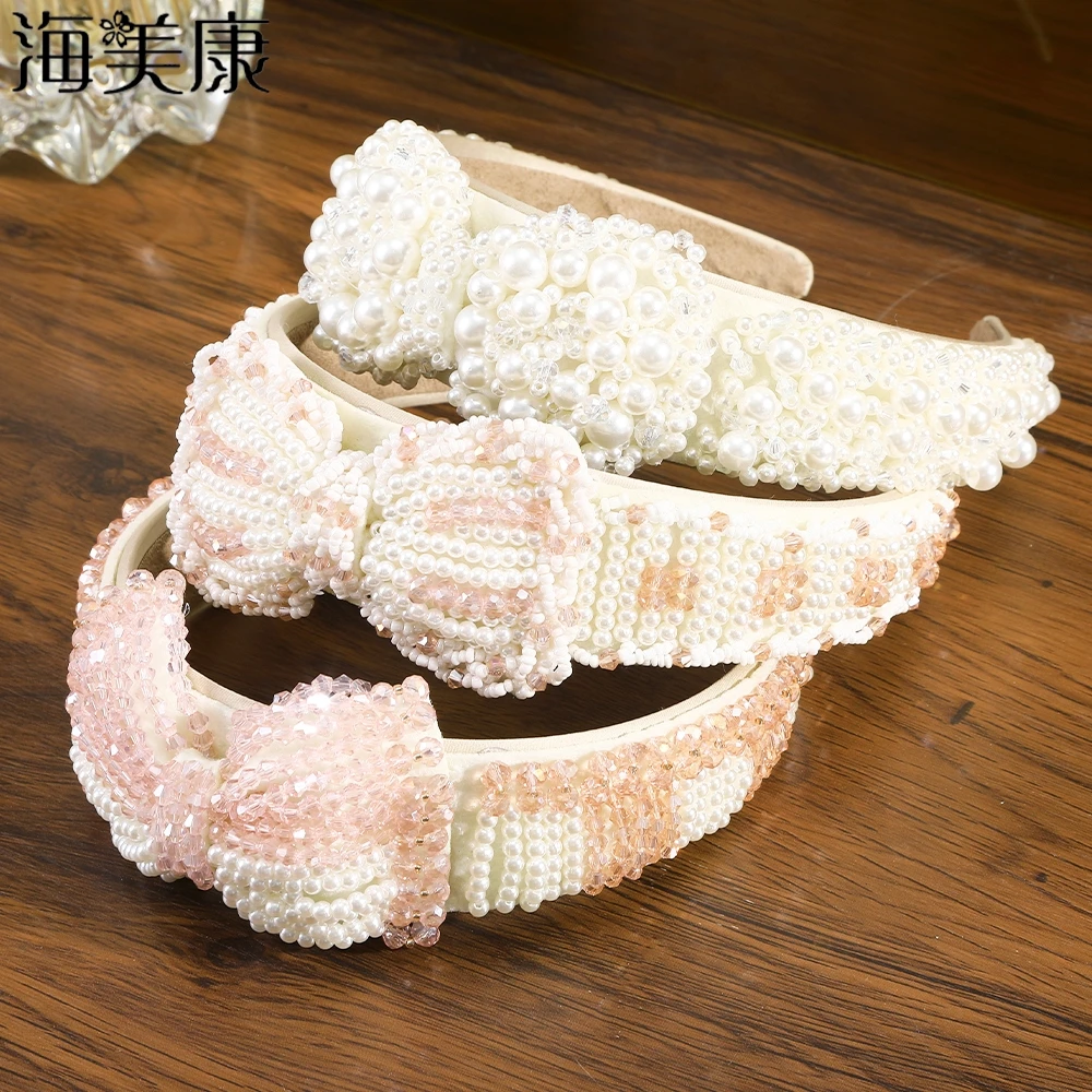 

Haimeikang Baroque Bow Headbands For Women Rhinestone Elegant Pearl Crystal Sparkly Female New Bride Wedding Hair Accessories