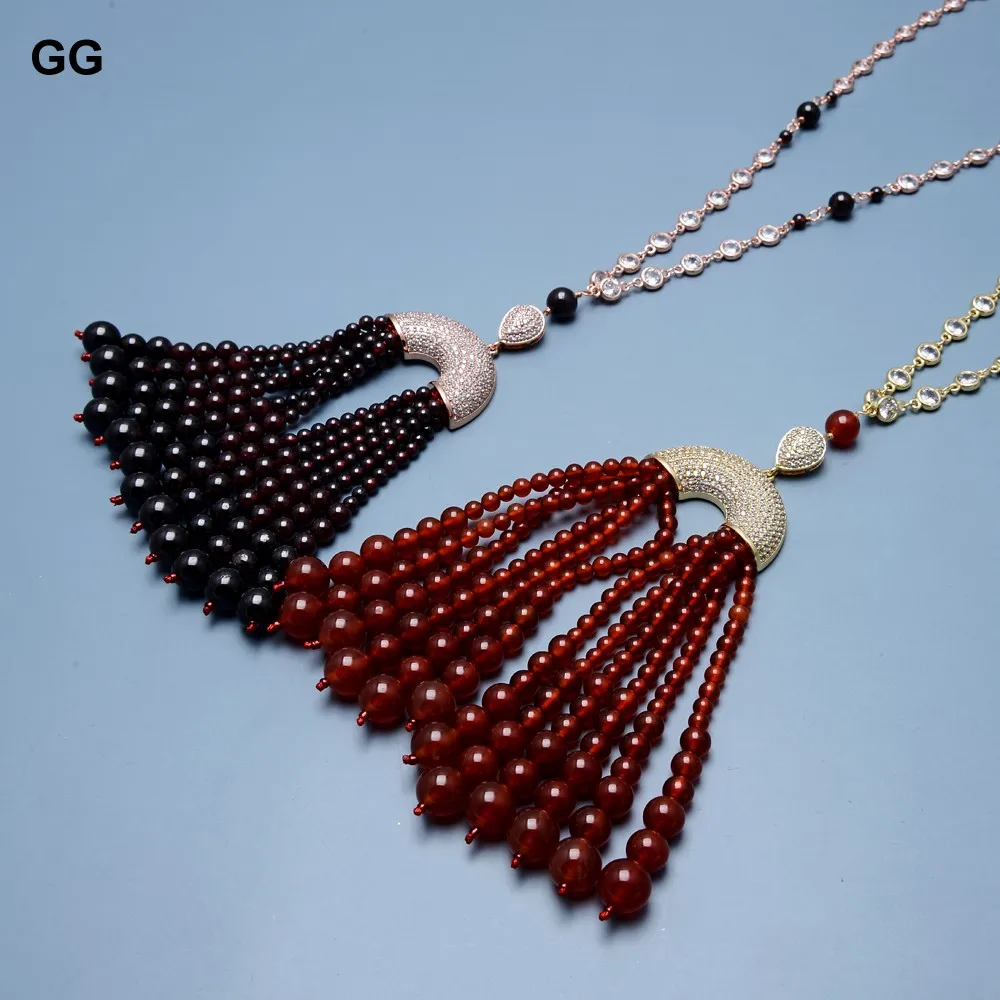 

GuaiGuai Jewelry 21" 4-10MM Natural Garnet Carnelian Gold plated CZ micro Pendant Crystal Pave Chain Pendant Necklace