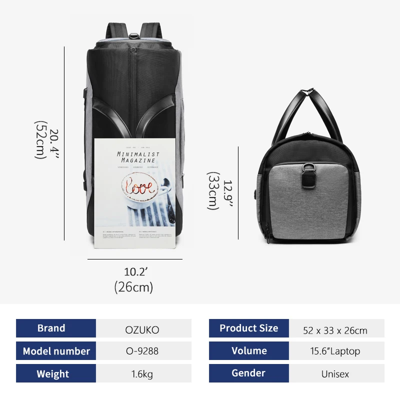 Imagem -06 - Ozuko-bolsa de Viagem Multifuncional para Homens Bagagem de Grande Capacidade Bolsa Masculina Mochila Impermeável Bolso para Sapatos Armazenamento de Terno