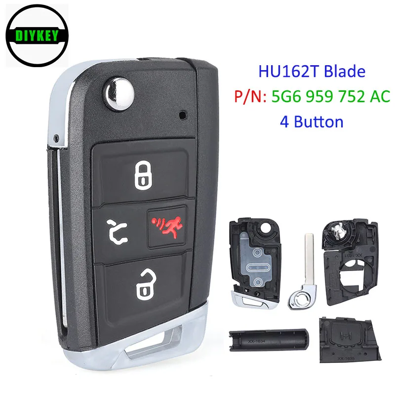 DIYKEY Flip Keyless Remote Key Shell Case 4 Button for Volkswagen Atlas 2018-2020 NBGFS12A01 MQB P/N: 5G6 959 752 AC HU162 Blade