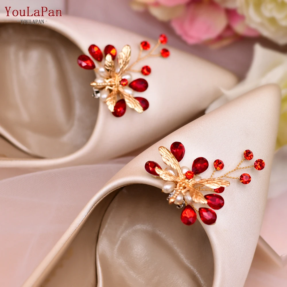 YouLaPan X43 2pcs Wedding Shoe Clip High Heels Decoration Accessories Red Rhinestone Women Shoes Decorative Bridal Buckle