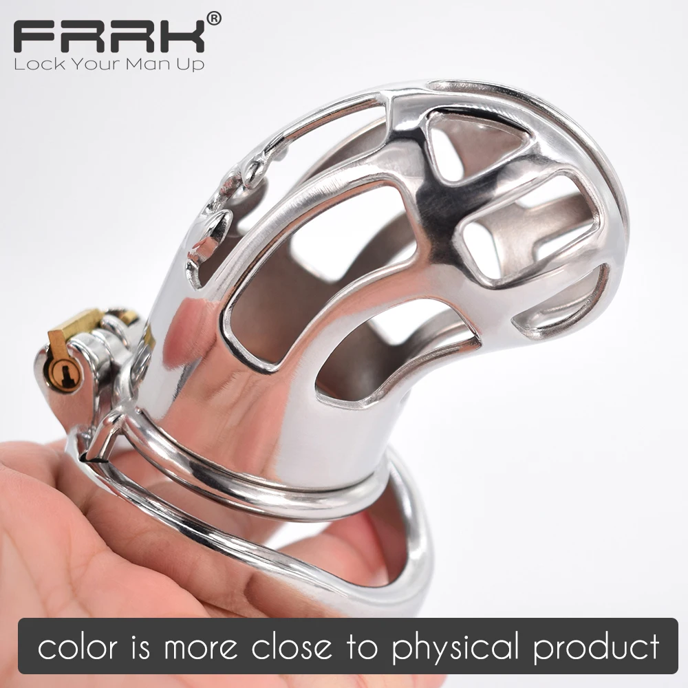 FRRK Large Male Chastity Device Cock Cage Metal Bondage Belt Scrotum Groove Lock Penis Rings Fetish Lockable Sex Toys for Men