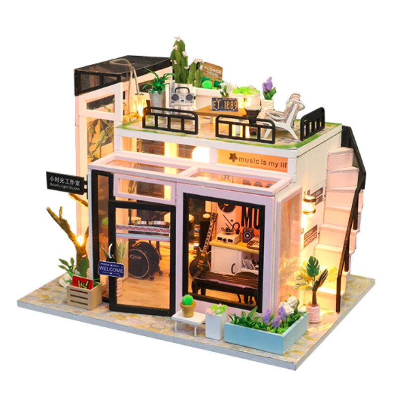 Creative DIY Children Adult Miniature Doll house Wooden Kits Assembled building blocks Music Studio home furnishing toys