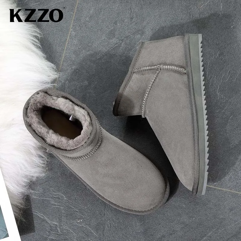 KZZO 100% Genuine Leather Men Snow Boots Natural Wool Lined Winter Warm Australian Classic Mini Short Casual Boots Grey 38-47