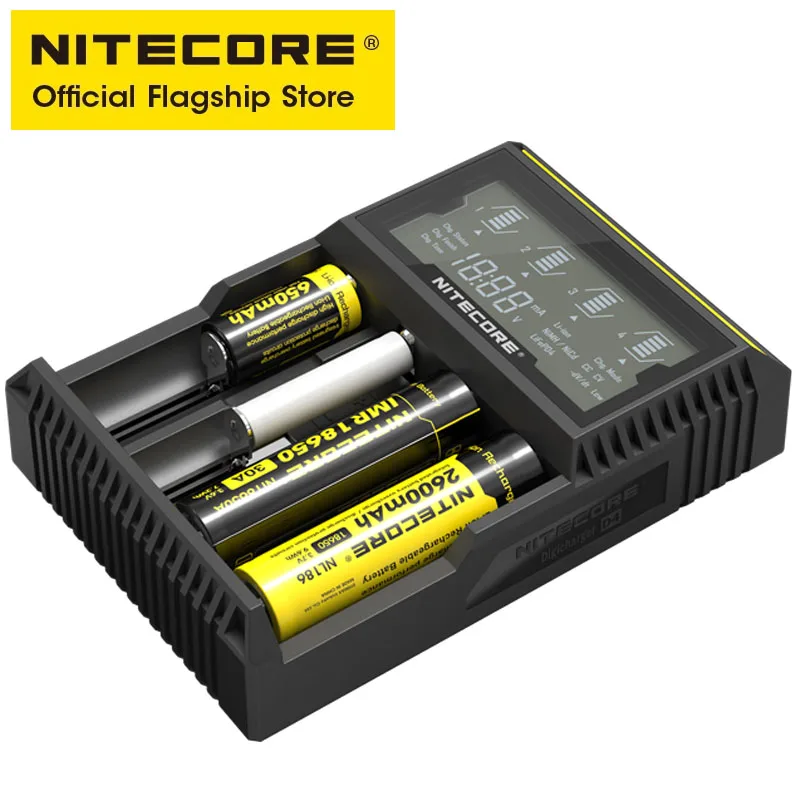 Original NITECORE D4 Digicharger LCD Smart Battery Charger for 18650 14500 16340 26650 A AA AAA Batteries with Free Car Charger