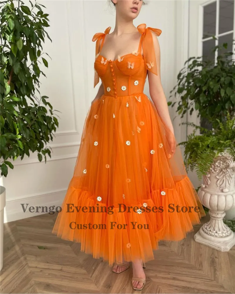 Verngo-Robe de soirée en tulle orange, ligne A, fleurs 3D, bretelles nouées, nœud noué, boutons initiés, longueur de rinçage avant, fête, Rh, quoi que ce soit, 2021