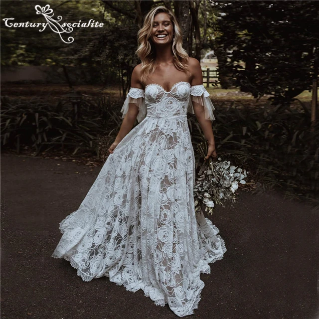 Vestido De novia bohemio De encaje para mujer corazon y mangas desmontables con escote traje De novia estilo playero 2024 AliExpress