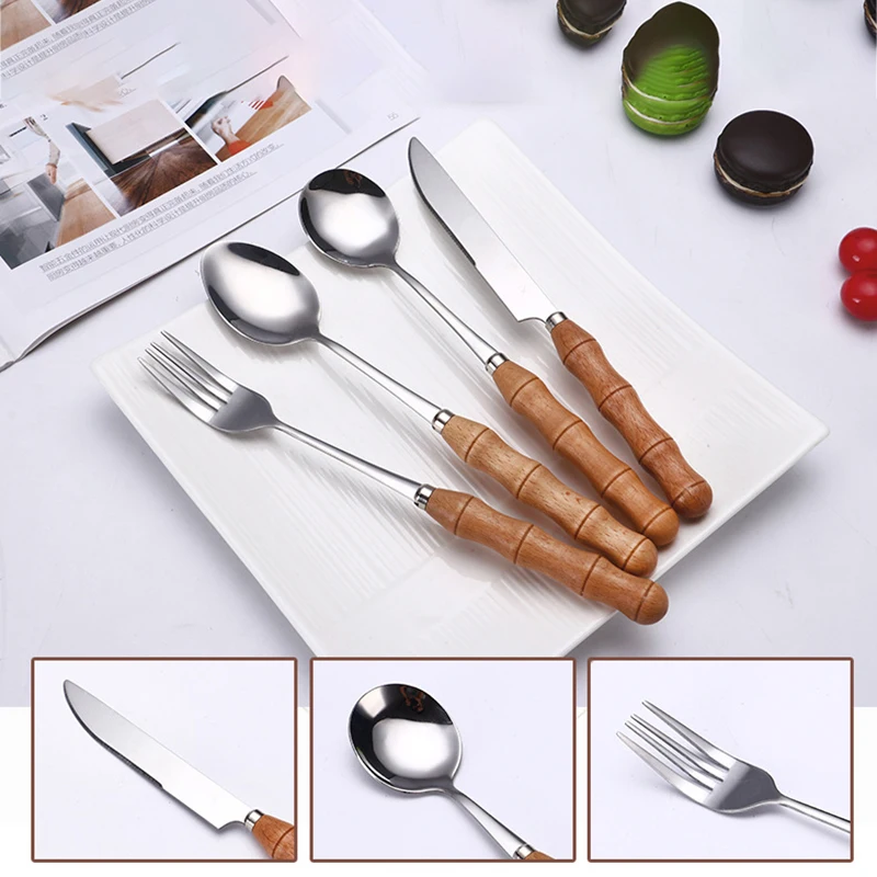 YOMDID 1PC Dinner Knife Fork Spoon With Wood Handle Stainless Steel Cutlery Western Food Dessert Tableware Fork Spoon Dinnerware