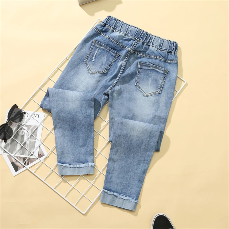 Vrouwen Lente Zomer Elastische Taille Borduurwerk Jeans Vrouwelijke Enkellange Denim Broek Kantoor Dame Baggy Losse Casual Broek