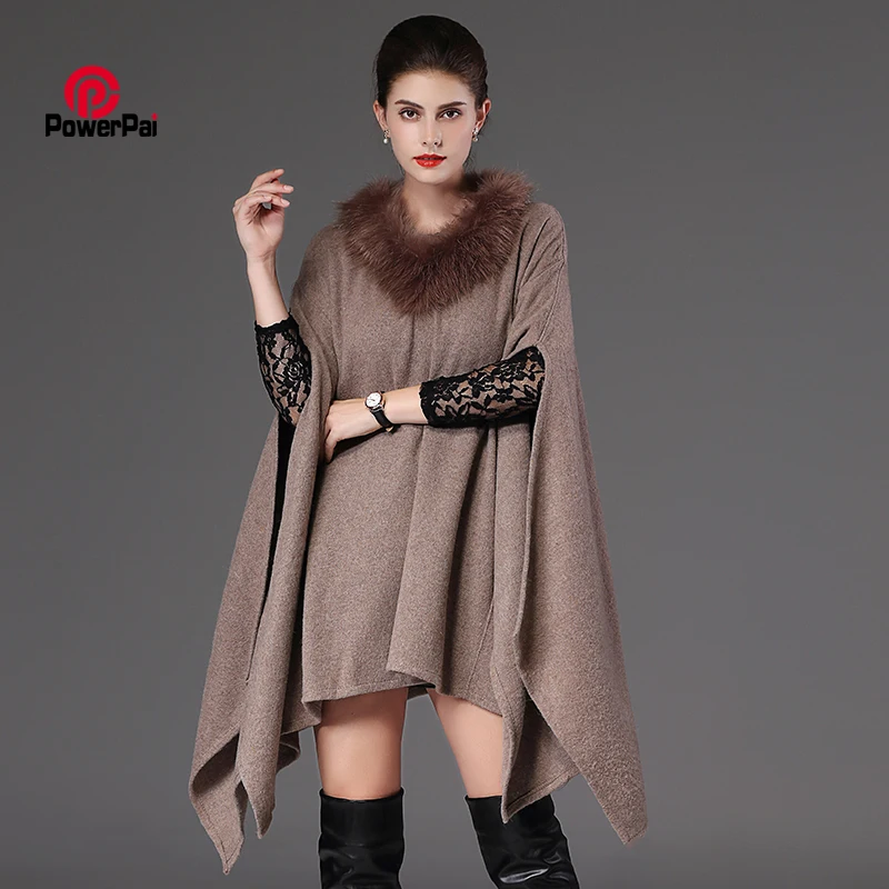 Fashion Faux Fox Fur Collar Wool Blends Poncho Overcoat Long Autumn Winer Cloak Women Split Pullover Cape