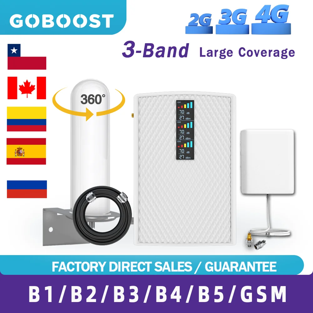 Goboos t amplificador de sinal tri-band para telefone celular 2g 3g 4g lte repetidor 900 1800 2100 amplificador celular 850 1900 1700mhz kit completo