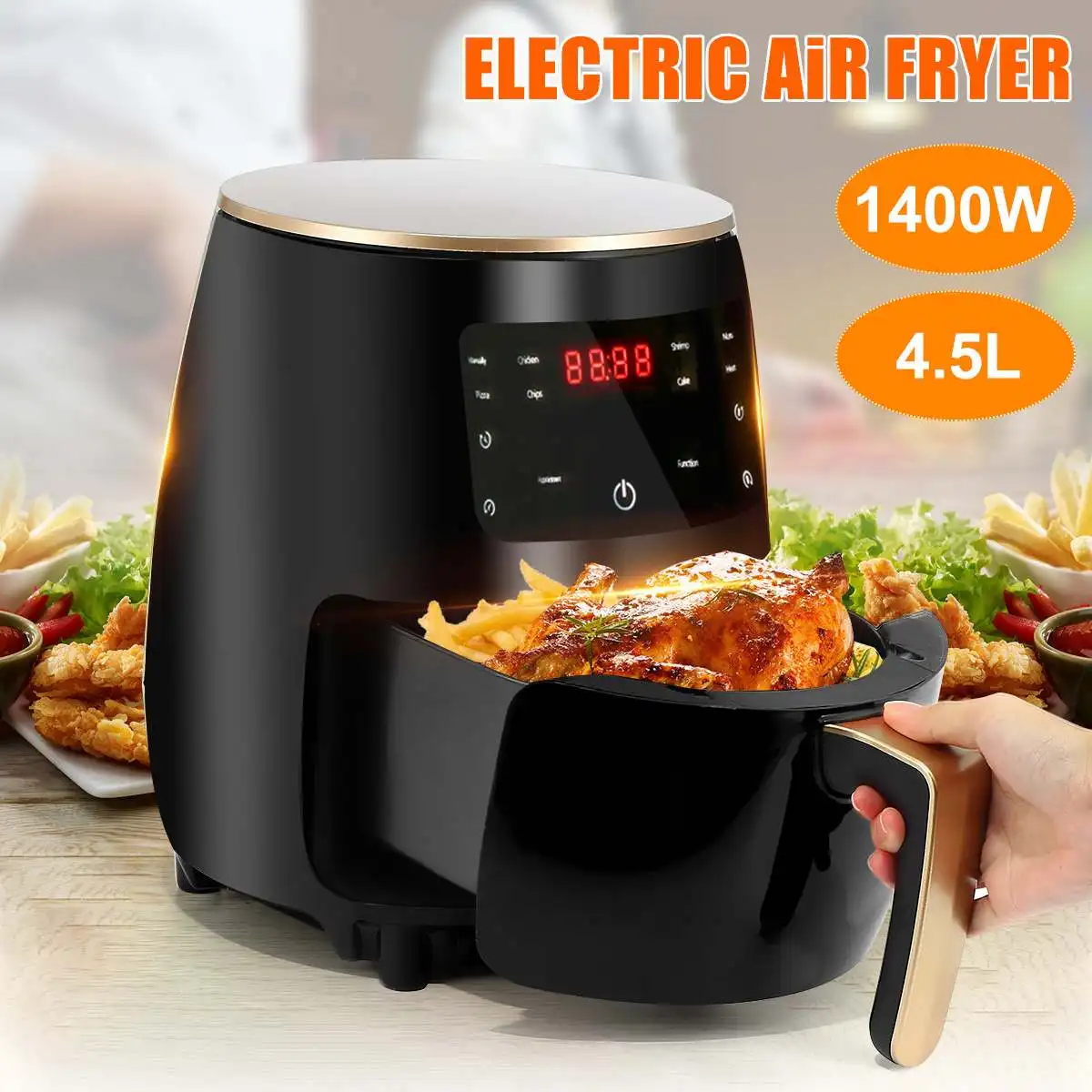 1400W 4.5L  Air Fryer Oil Free Health Fryer Cooker Home Multifunction Smart Touch LCD Deep Airfryer Pizza Fryer for French Fries