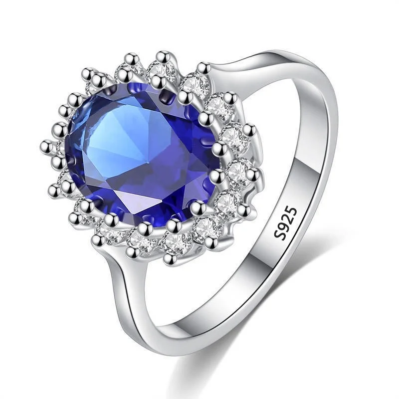Anillo de princesa de corte 3.2ct con zafiro azul, joyería de compromiso con dijes de plata 925 originales para mujer