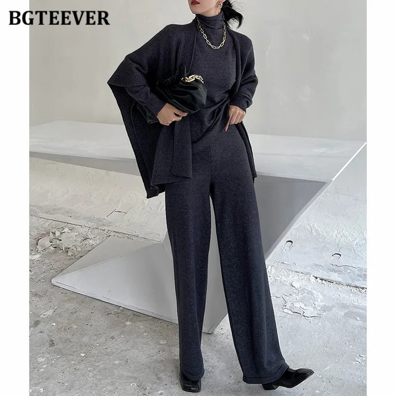 BGTEEVER Stylish 3 Pieces Women Knitted Set Turtleneck Sweaters & Wraps & Wide Leg Pants 2021 Winter Female Sweater Set