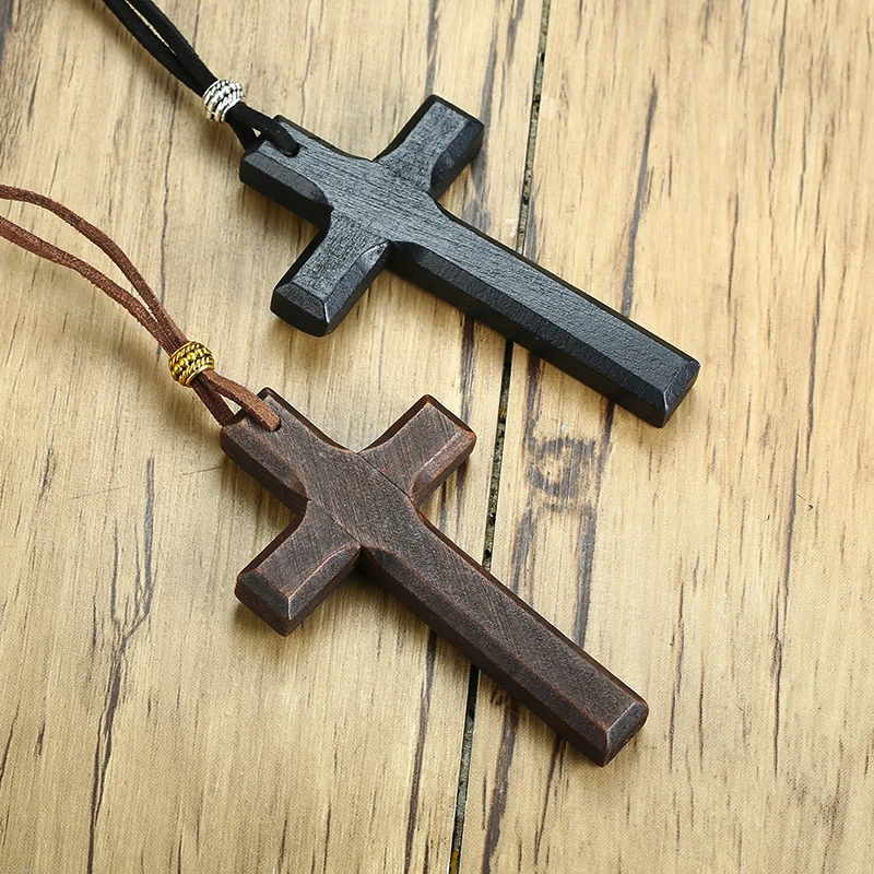 Men Wood Cross Crucifix Pendant on Cord Necklace